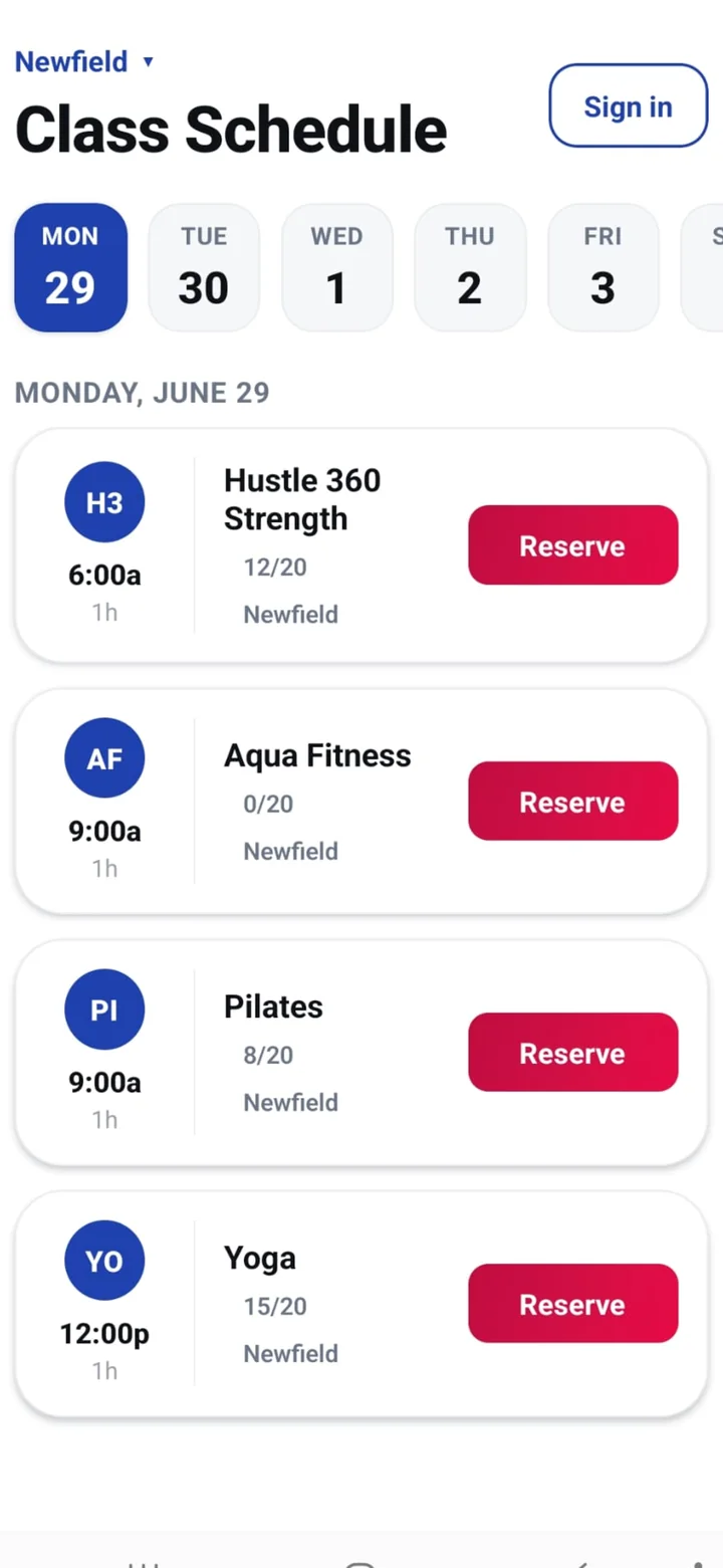 Newfield class schedule in the HT360 app
